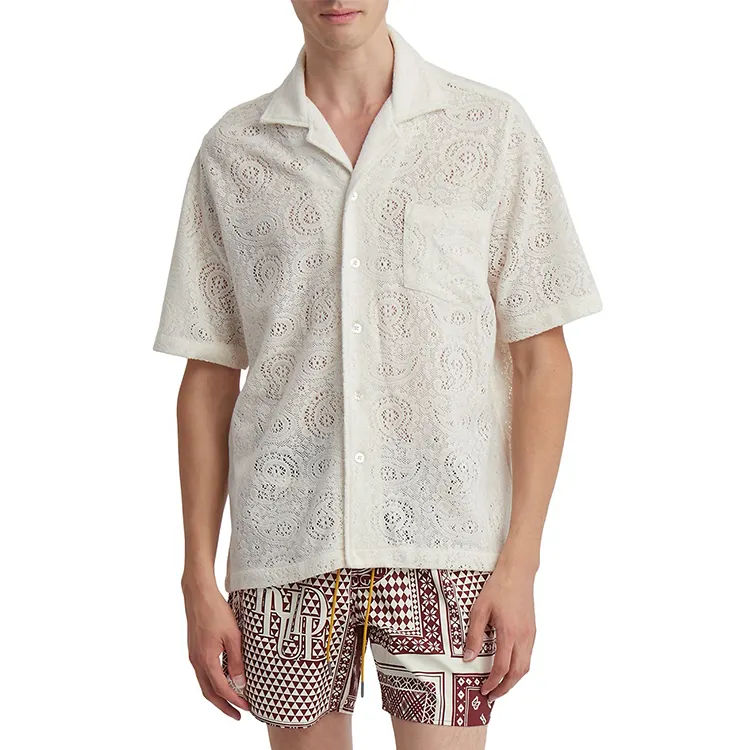 OEMサマーボタンアップシャツコットン半袖かぎ針編みシャツ男性用カスタマイズロゴカジュアルジャカードパターン