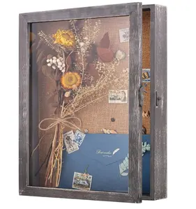 古董11x14阴影盒框架展示盒背衬亚麻纪念章照片记忆盒