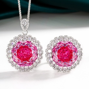 Fashion Eco-friendly Copper Rose Cut 18MM Pink Zircon Gold Plated Pendant Ring Set Floral Jewelry Set for Parties - Product Image 3