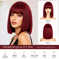 Perruque synthétique courte rouge bordeaux de 12 pouces avec frange, résistante à la chaleur, pour femmes, mode, cosplay, usage quotidien, perruque complète, vente en gros