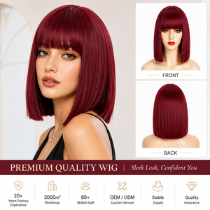 Peluca sintética corta tipo bob de 12 pulgadas, color rojo vino, con flequillo, resistente al calor, para mujer, moda, <span class=keywords><strong>cosplay</strong></span>, uso diario, peluca completa, venta al por mayor - Product Image 1