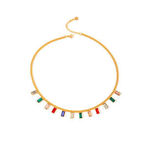 Collier ras du cou tendance à maillons en forme de boîte, plaqué or PVD, en acier inoxydable 316L, durable et résistant, avec pierres précieuses multicolores - Product Image 1