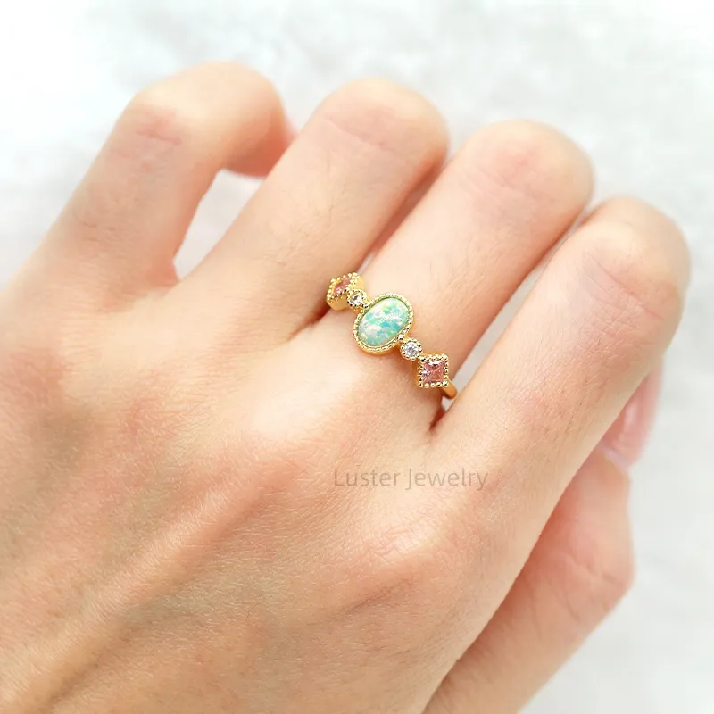 Lustre rêve bijoux de mariage couleur vert bleu 6x3mm forme ovale pierre opale argent 925 bague opale