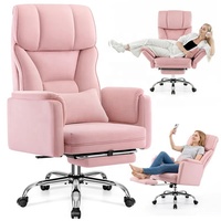 Chaise de bureau ergonomique de direction en velours Teddy de qualité supérieure, avec base entièrement chromée rose et accoudoirs relevables
