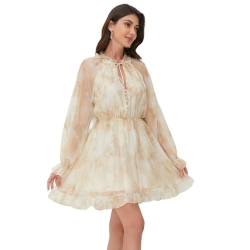 Women's Floral PU Chiffon Dress Puffy Long Sleeves V-Neck A-Line Pleated  Waist Belt Washable Mid-Length Casual Dress XS Front| Alibaba.com