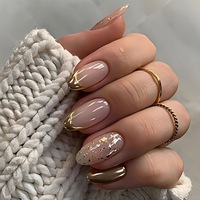 24 faux ongles à presser, courts, forme amande, nude doré, French manucure, avec feuille d'or nacrée, réutilisables pour usage quotidien, mariages et salons