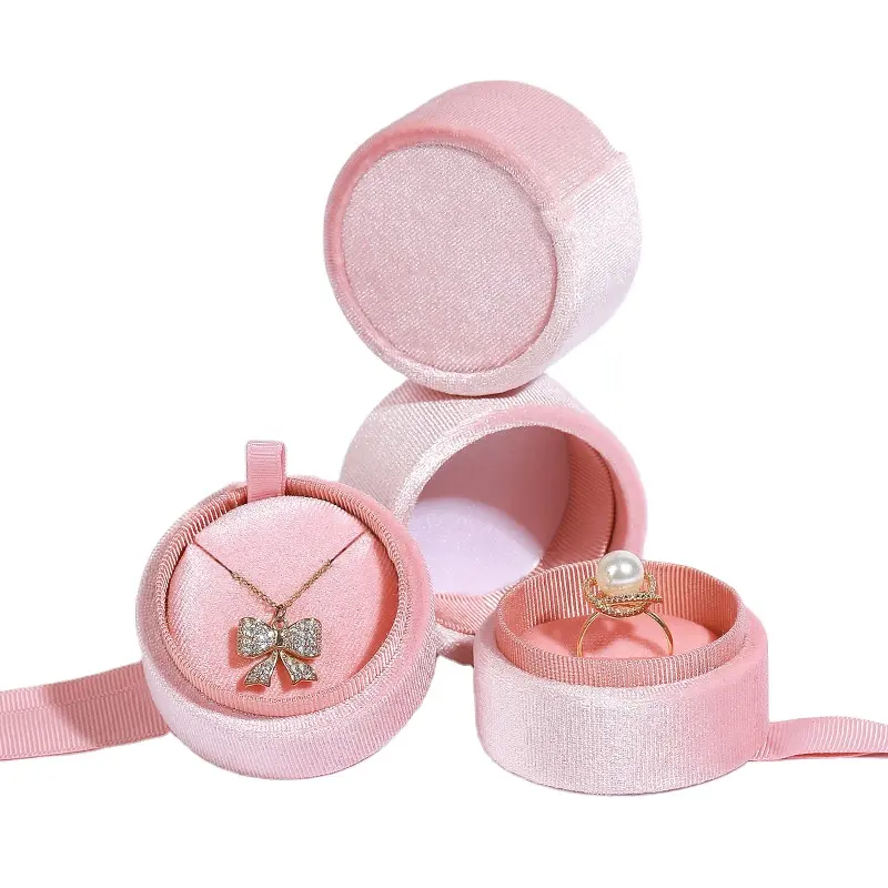 Custom Logo Christmas Gift Jewelry Packaging Wedding Ring Pink Velvet Necklace Earring Box with Ribbon