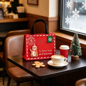 Sac cadeau de Noël en feutre, motif Sac du Père Noël, <span class=keywords><strong>applique</strong></span> ours, poignées rouges, pour bonbons et friandises, décoration de fêtes - Product Image 3