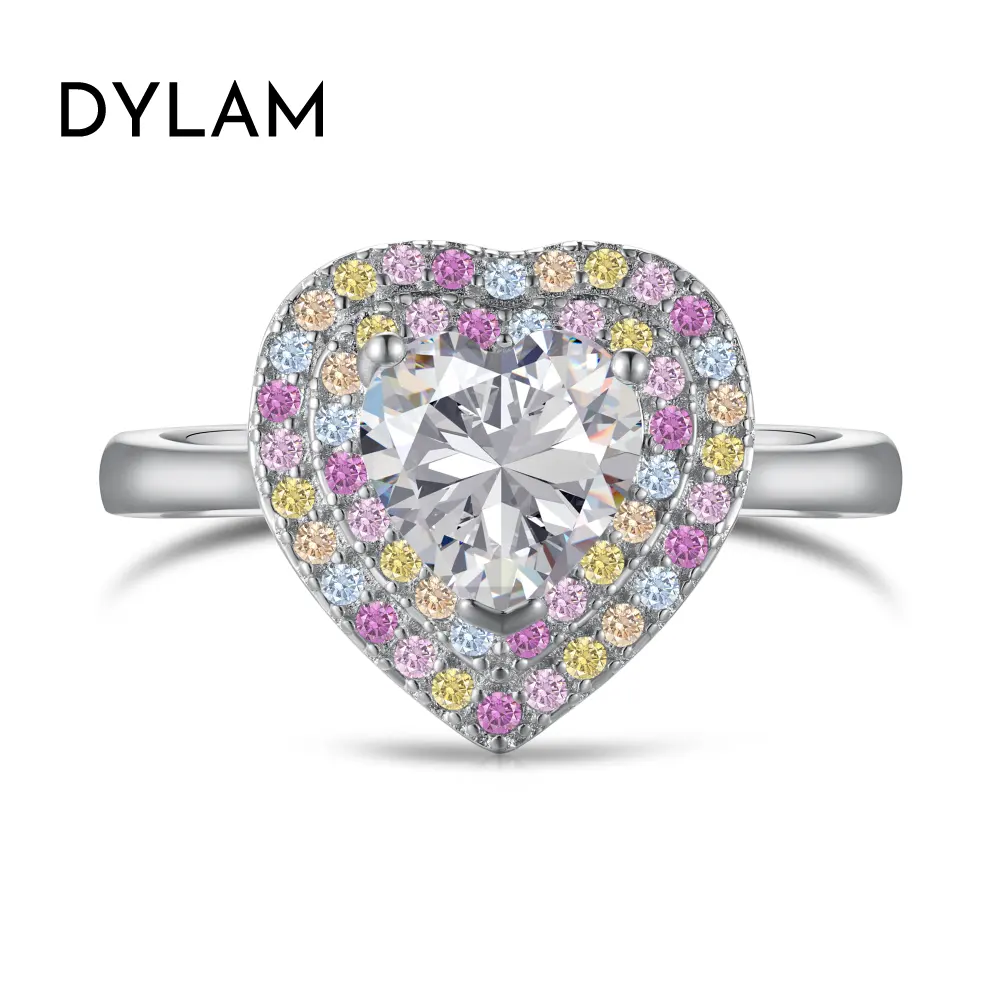 Dylam brillante forma de corazón S925 anillo de plata esterlina banda Arco Iris colorido Rosa diamante Cz Cubic Zirconia anillos joyería Mujer