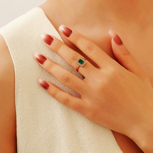 Open <b>Ring</b> Square Green Zircon Pave Setting 18k Gold Plated <b>Titanium</b> Steel Women's Party Jewelry - Product Image 2