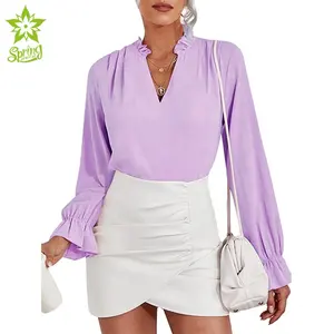 New Arrivals Light Purple Fashion Fashion Clothes Women's Ruffle V Neck Top Solid Long Sleeve Blusas Chiffon Shirt Woman Blouses
