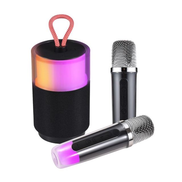 Mini Karaoke Machine with 2 Wireless Microphones BT Microphone and Speaker KTV Set with Colorful Light Effects Handheld Mic Gift