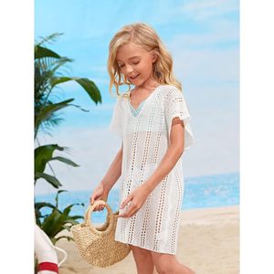 Robe de plage personnalisée pour fille, col en V, crochet, manches courtes, paréo d'été, haut de bikini ample en coton tricoté, 1 pièce - Product Image 3