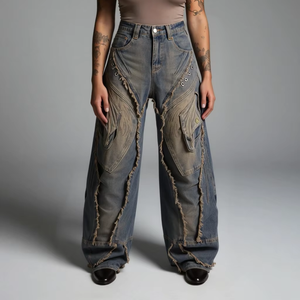 <span class=keywords><strong>Jeans</strong></span> Masculinos de Alta Qualidade, Estilo Industrial Escuro, com Retalhos Estruturais, Perna Larga, Corte Solto, Desfiado e com Borlas, Lavado, de Designer Personalizado - Product Image 1
