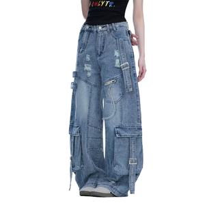 กางเกงยีนส์ทรงแบ็กกี้แบบใหม่สำหรับผู้หญิง ผ้าฝ้าย 100% สไตล์ Y2K มีกระเป๋าหลายช่อง กางเกงคาร์โก้ผ้าเดนิมสำหรับผู้หญิง - Product Image 2