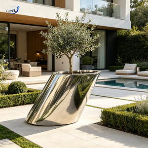 Jardinière moderne en acier inoxydable chromé, design minimaliste pour plantes vertes, pour l'extérieur. - Product Image 1