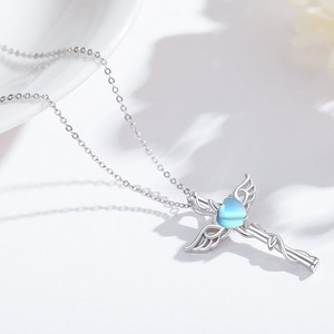 Collar con Colgante Estilo Piedra Lunar con Forma de Corazón y Alas para Mujer, Joyería de Moda para Uso Diario, Regalo - Product Image 6