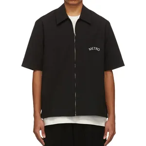 Black zip up men short sleeves shirts cotton canvas chest patch pocket customized logo mens summer shirts