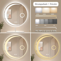 Miroir de salle de bain LED rond en forme de lune, commande tactile, miroir intelligent avec miroir grossissant, fonction mémoire, miroir de vanité éclairé