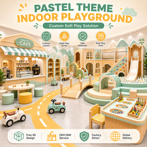 Progettazione di parchi giochi commerciali al coperto con pista per <span class=keywords><strong>auto</strong></span> beige, area gioco a tema villaggio, strada per cavalcate e mini scivolo per proprietari di FEC - Product Image 1
