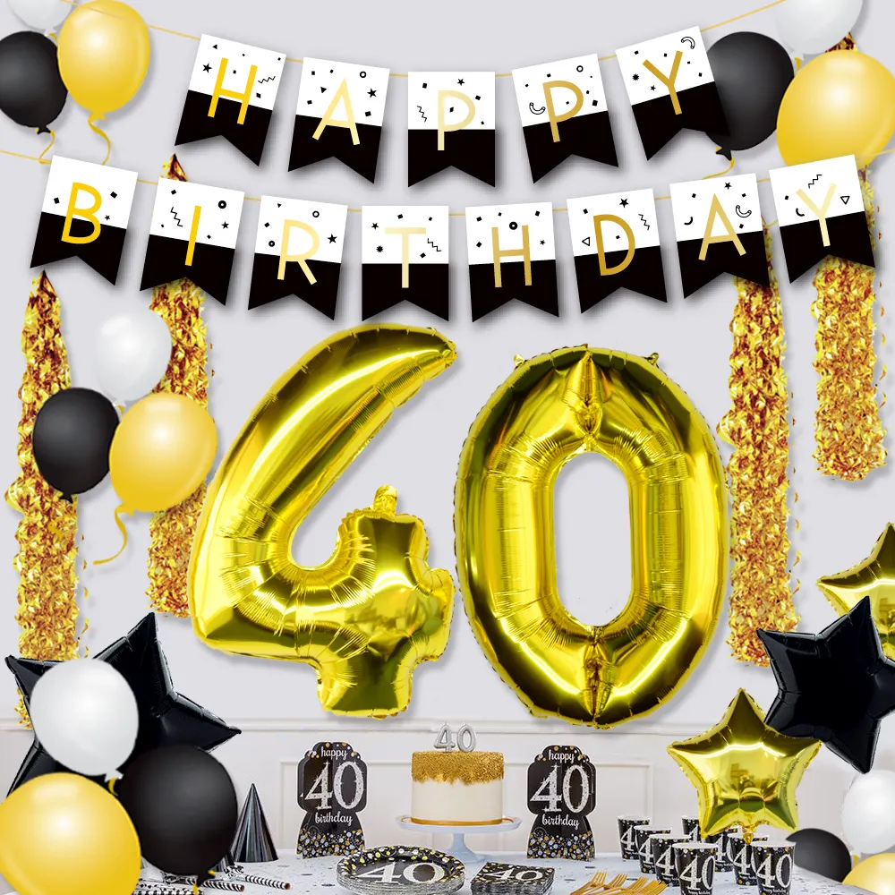 Happy Birthday Party Dots Balloon Golden Decoration Set& 40th Black Gold Happy Birthday Party Supplies Decoration Set