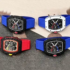 Montres mécaniques pour hommes en forme de tonneau, boîtier ajouré en fibre de carbone, montres chronographes, bracelets en tissu silicone. - Product Image 4