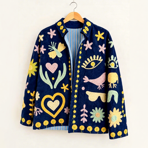 Veste en coton brodée à la main avec des motifs floraux, des cœurs, des yeux et des oiseaux, col rabattu, manches longues, style chic de la Prairie pour le printemps - Product Image 1