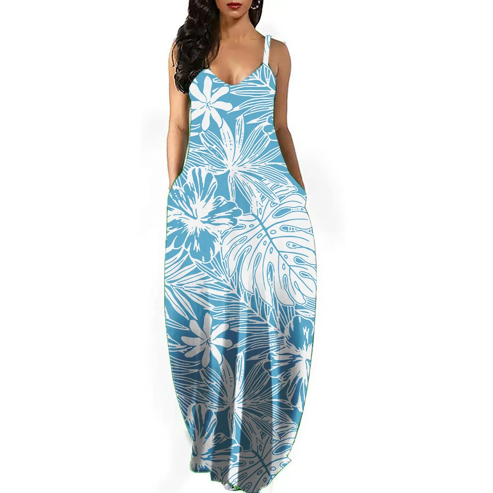 wholesale light blue hibiscus tropical plus size sling dress beach summer 2023 new fashion polynesian hawaiian sleeveless dress