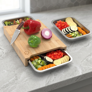 Planche à découper en bambou avec 2 plateaux coulissants, ustensiles de cuisine écologiques, compatibles lave-vaisselle, construction en acier inoxydable - Product Image 3