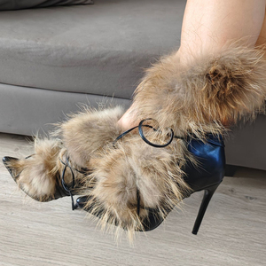 Bottines courtes à talons aiguilles pour femmes, grande taille 47, à lacets sur le devant, avec fourrure moelleuse, coupe large - Product Image 6