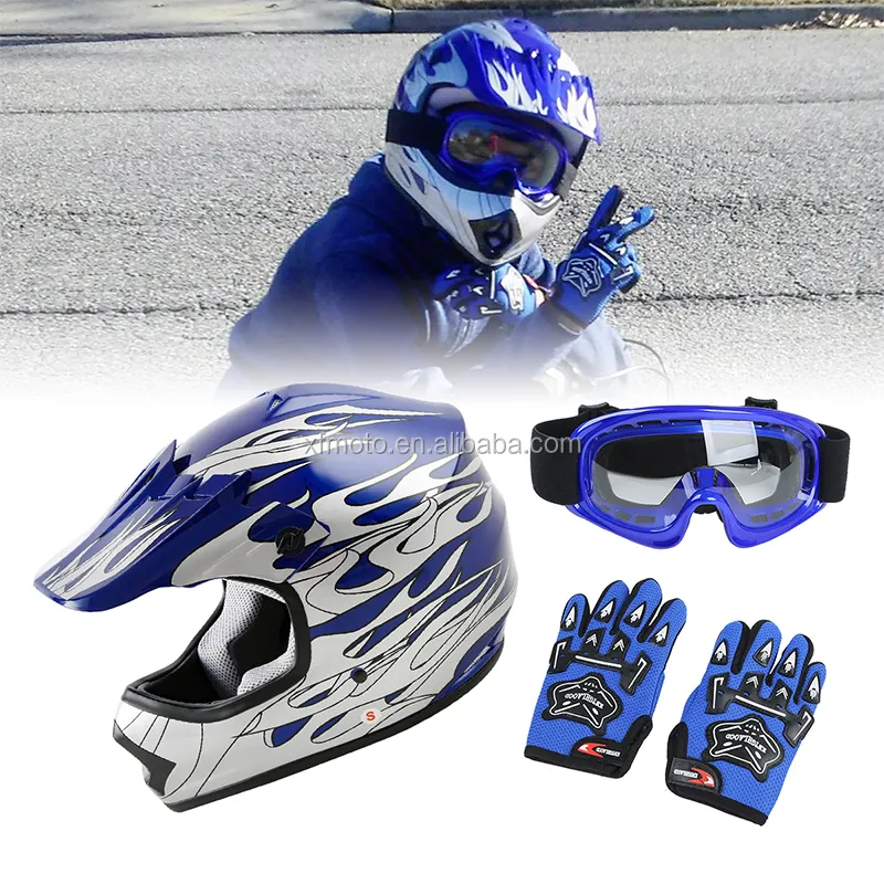 Casque Motocross Enfant + Gants + Lunettes - Kit Complet Sécurité ATV/Moto