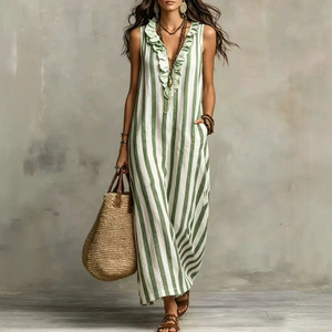 Vestido Largo Bohemio Nuevo de Primavera/Verano 2026 sin Mangas de Lino con Rayas Estampadas Estilo Europeo Americano para Sitios Independientes - Product Image 1