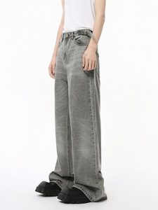 Custom Factory OEM da <span class=keywords><strong>uomo</strong></span> di nicchia Retro cintura diritta ampia <span class=keywords><strong>grigio</strong></span> <span class=keywords><strong>Jeans</strong></span> <span class=keywords><strong>Jeans</strong></span> larghi larghi per gli uomini - Product Image 2