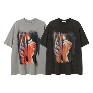 Camiseta de coleccionista de ropa de calle, camiseta de gran tamaño con acabado Vintage lavado con enzima y pintura al óleo de oración gótica - Product Image 1