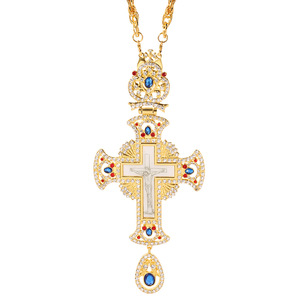 Collier pendentif croix orthodoxe plaqué or de luxe avec zircon bleu et zircon rouge bijoux <span class=keywords><strong>crucifix</strong></span> religieux pour hommes et femmes - Product Image 1