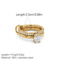 Bague double anneau en or 18 carats plaqué or avec trois diamants principaux pour femme