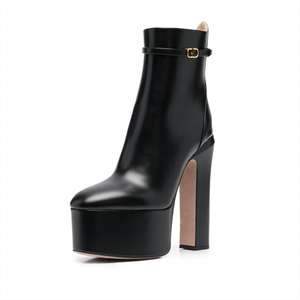 Concise Buckle Black Round Toe Short Shoes for Women Warm Winter Ankle Boots Genuine Leather Platform <b>Block</b> High Heel Zip - Product Image 1