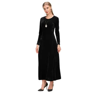 सुंदर सुरुचिपूर्ण कमर टाई शानदार मखमली कपड़े लंबी आस्तीन वाली काली पार्टी मैक्सी शाम की पोशाक नई आगमन डिजाइन