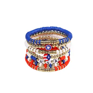 Pulseras Heishi de arcoíris para mujer, 6 unids/set, pulsera elástica hecha a mano de arcilla polimérica suave con bandera de EE. UU.