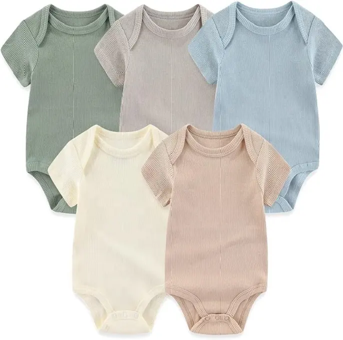 BKD contoh Gratis lembut kustom bambu pakaian bayi Romper lengan pendek untuk anak-anak Label pribadi Ribbed Bodysuit bayi