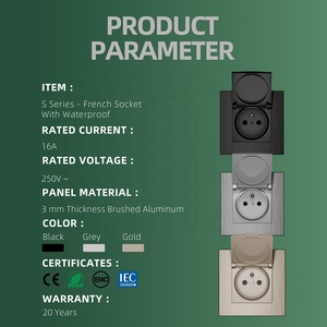 Ip44 Chống Thấm Nước Chống Bụi Tiêu Chuẩn Châu Âu Chải Nhôm Bảng Điều Chỉnh Pháp Loại 2P + T Tường Ổ Cắm Với Bìa Màu Đen Màu Vàng Màu - Product Image 2