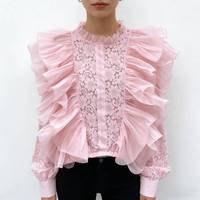 Chemisier rose à volants en dentelle pour femme - Haut à manches longues superposé en tulle transparent