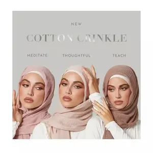 Hot Selling Plain Cotton Viscose Crinkle Hijab For Muslim Women Wrinkle Scarf Shawl Tudung Malaysia Premium Cotton Voile Scarf