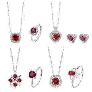 Fashion Vintage Hypoallergenic Jewelry Set Delicate 925 Sterling Silver Natural Gemstone Red Garnet Jewelry Set