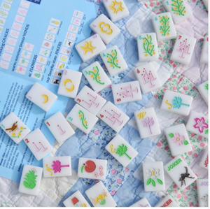 Classic White <b>Plastic</b> Mahjong <b>Tiles</b> Set With Colorful Floral And Symbol Designs For 4 Players Portable Game Play - Product Image 4