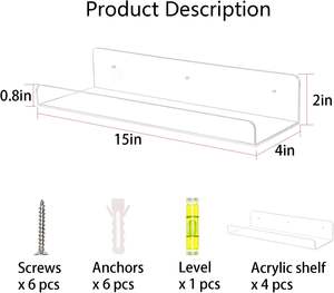 Acrylic <b>Shelves</b> for Wall Storage 15" Floating Bookshelves for Kids Display <b>Shelf</b> Organizer for Bathroom <b>Bedroom</b> - Product Image 3