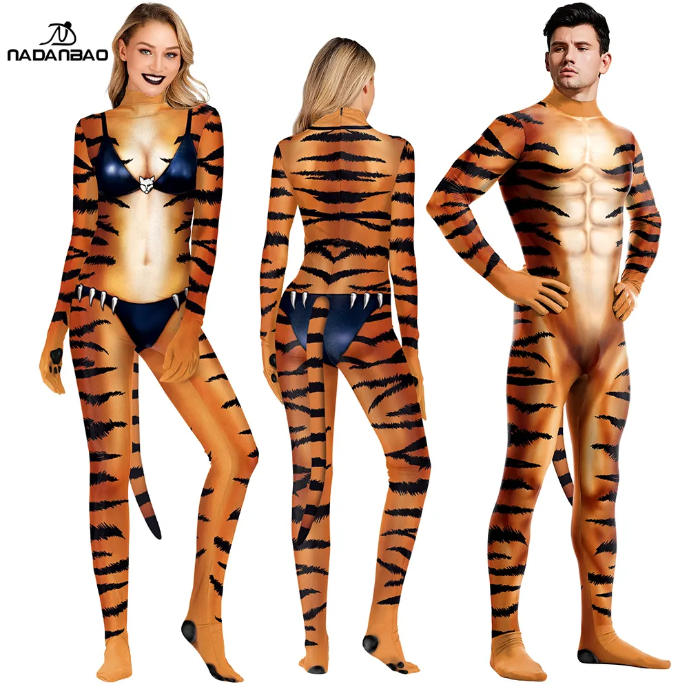 Nadanbao Polyester hızlı kuru leopar kas baskı uzun kollu tulum Cheetah Cosplay kostüm tulum uzun pantolon ile kuyruk