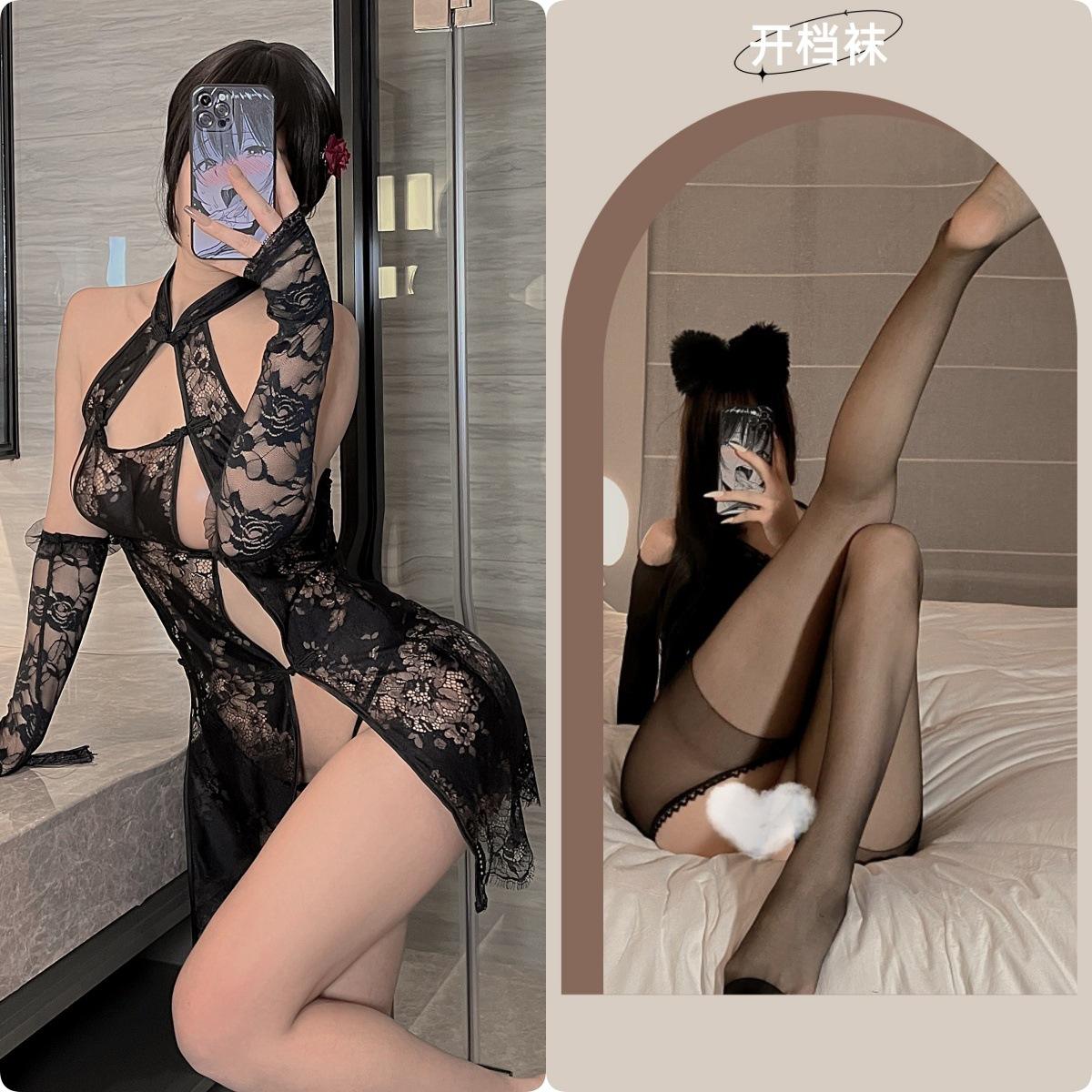 Black Cheongsam + Black Open Crotch Socks