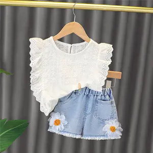 Summer Girls Clothes Casual Suit Petal Sleeve Cotton T-shirt+Shorts 2 PCS Set Kids Clothing Children Outfit