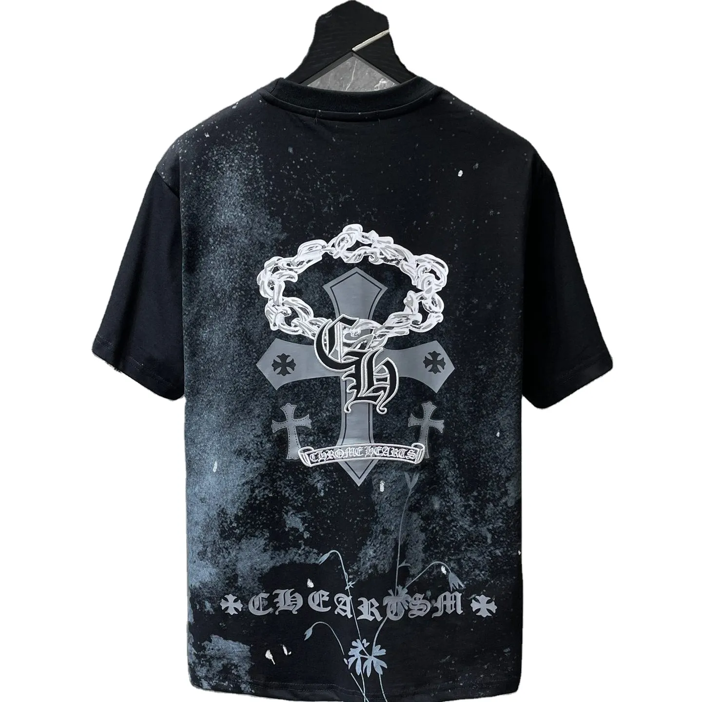 Camiseta de manga curta para homens e mulheres, camiseta de manga grande cromada clássica com flor cruz e frisado, com o mesmo parágrafo, novidade quente